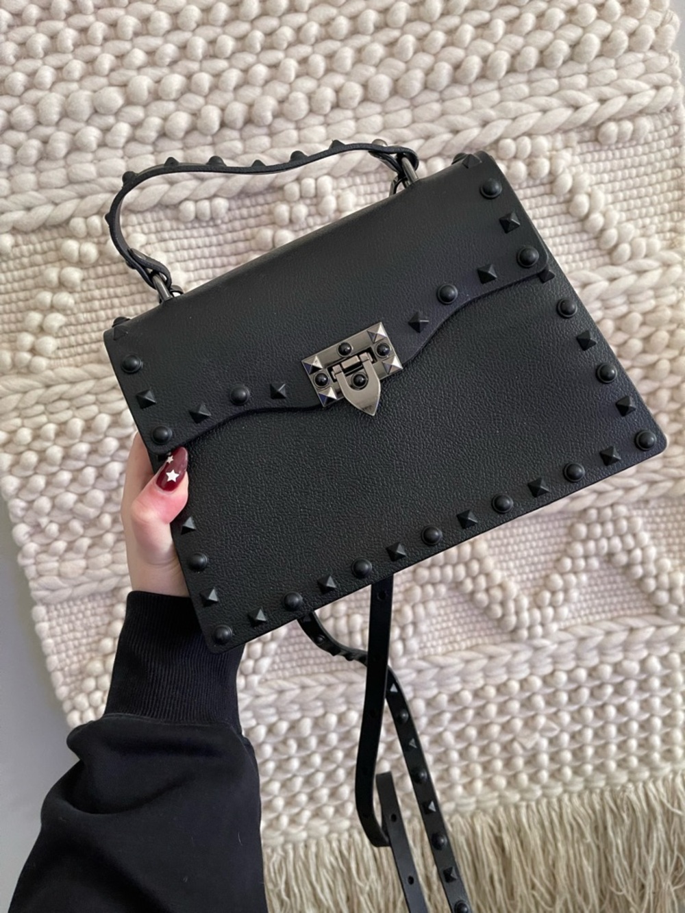 Black Stud-Trim Top-Handle Crossbody